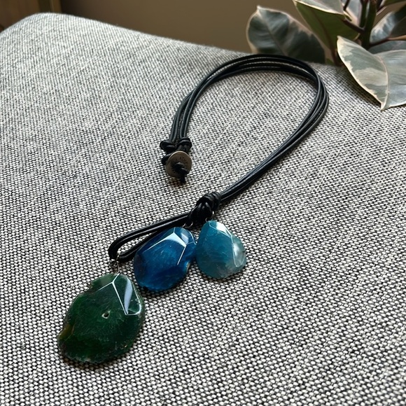 Handmade Blue and Green Stone Necklace with brown cord , Made in Athens, Greece - Picture 5 of 17